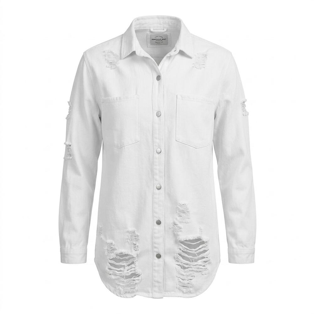 American Bazi White Distressed Denim Button-Up Shirt Women Plus Size 3X